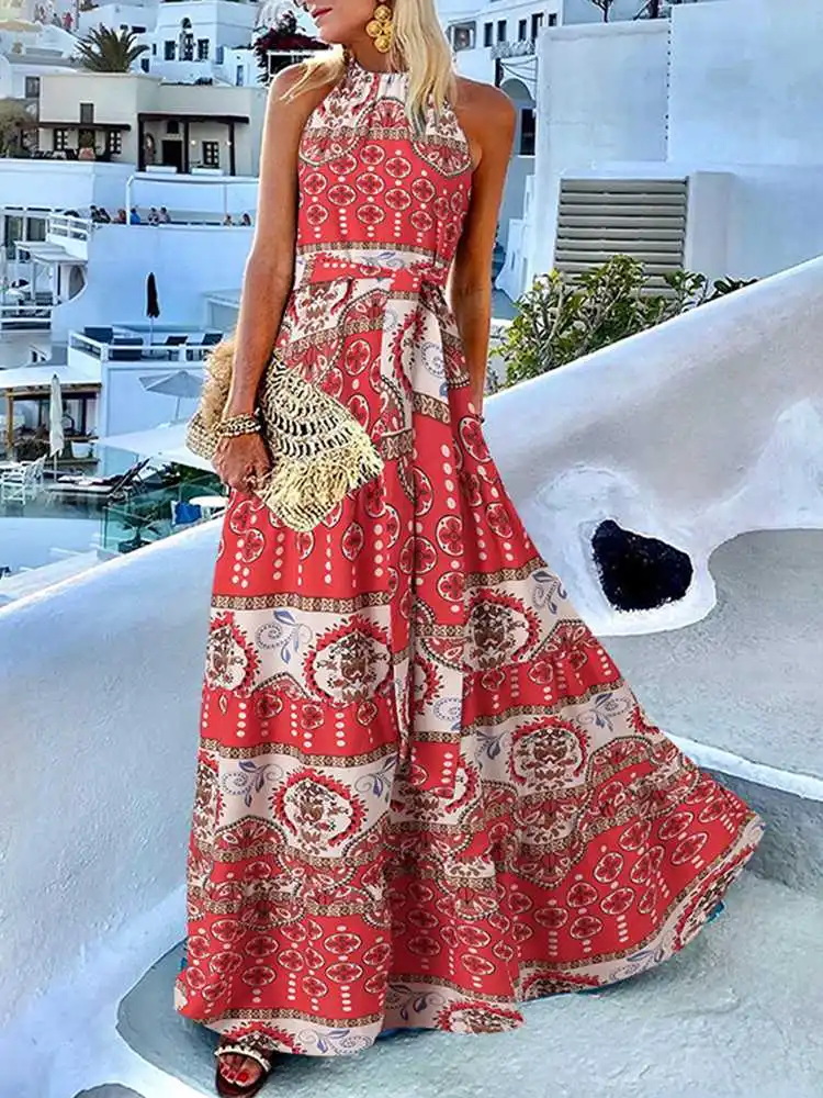 

Casual Sleeveless Dresses ZANZEA Elegant Holiday A Line Robe 2022 Chic Printed Halter Vestidos Women Summer Bohemian Maxi Dress