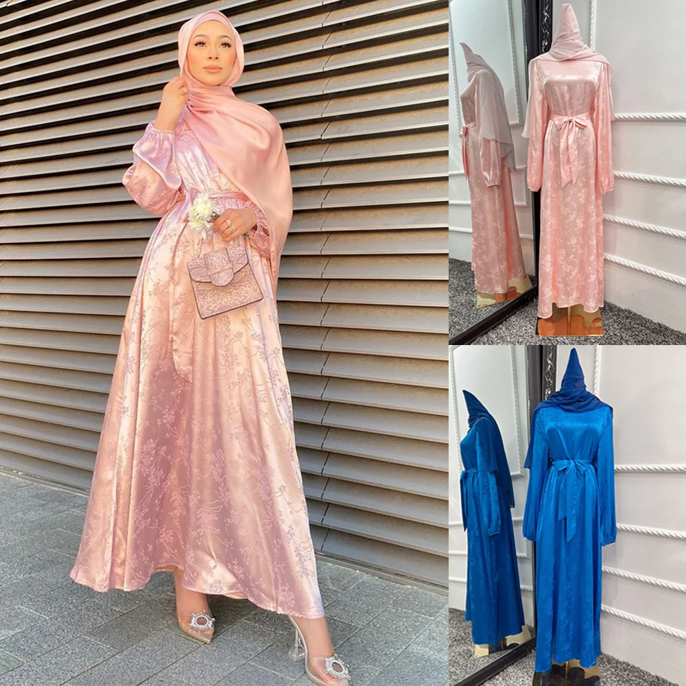 

Eid Mubarak Djellaba Muslim Women Elegant Satin Print Abaya Dress Turkey Hijab Dubai Kaftan Arab Robe Islamic Jalabiya Caftan