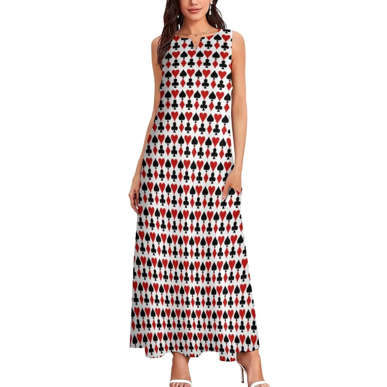 

Red Hear Print Dress Summer Playing Cards Suit Symbols Street Style Boho Beach Long Dresses Womens Modern Maxi Dress 3XL 4XL 5XL