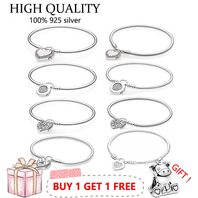 

Authentic S925 Sterling Silver Heart Texture Lock Cz Snake Bone Bracelet Is Suitable For Women's Diy Jewelry Original Charm