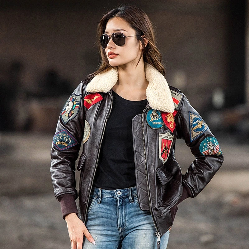 Dark Brown TOP GUN Maverick G1 Jacket Women Military Style Natural Thick Cowhide Winter Warm Aviator Genuine Leather Coats