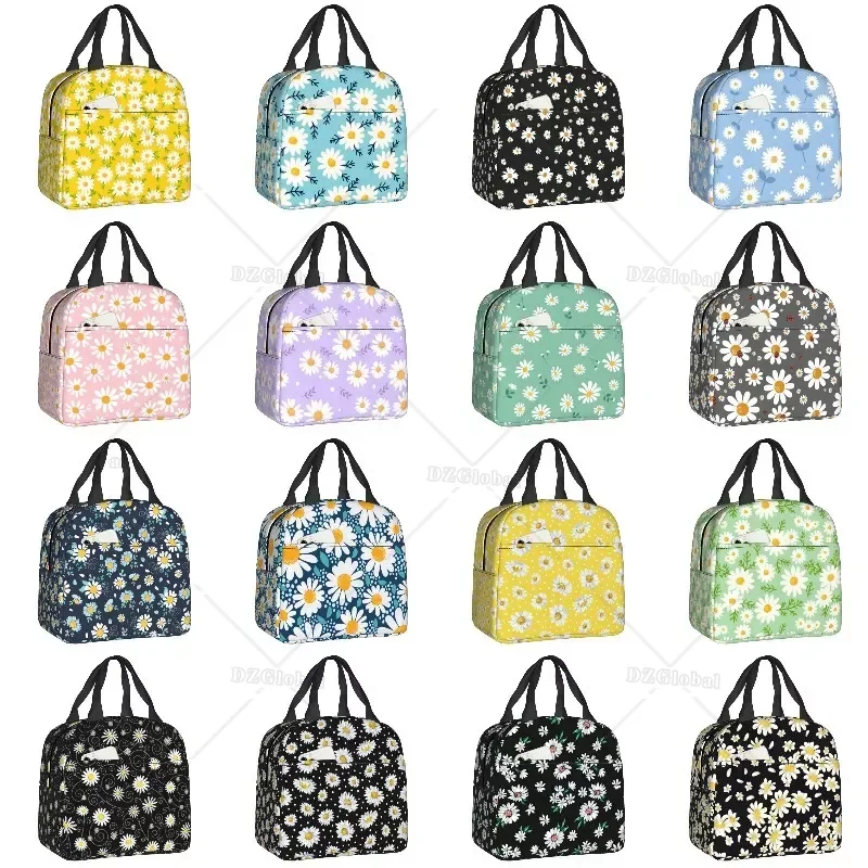

Floral Daisy Print Insulated Lunch Bag for Women Chamomile Flowers Cooler Thermal Lunch Tote Box Portable Picnic Food Bento Bags