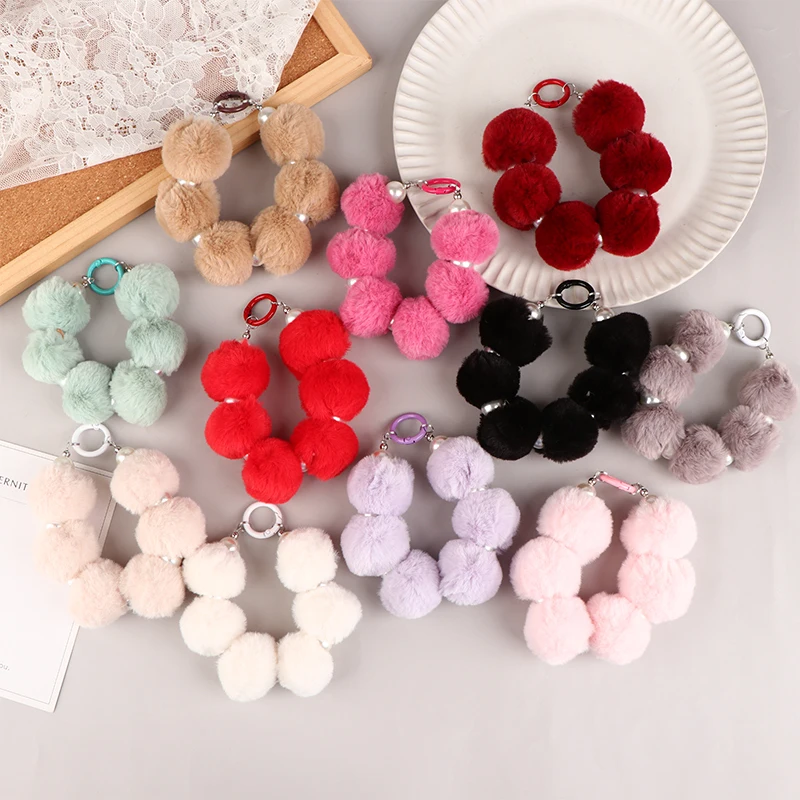 

Пушистый Плюшевый браслет с помпоном, цепочка для телефона, акриловый жемчужный брелок, сумка, кошельки, цепочка для автомобильного ключа от потери