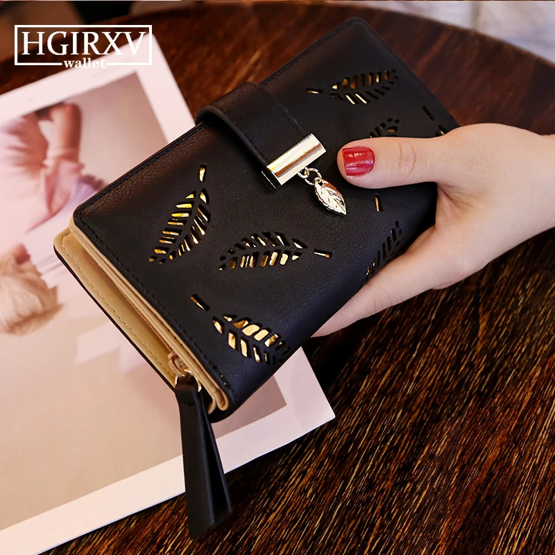 women's hollow golden leaf buckle wallet female long zipper coin purses ladies multifunction card holder clutch money bag purse