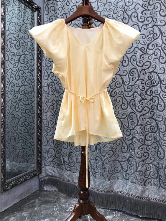 

2022 new women fashion Feifei sleeve three-dimensional belt slim solid color top shirt 524
