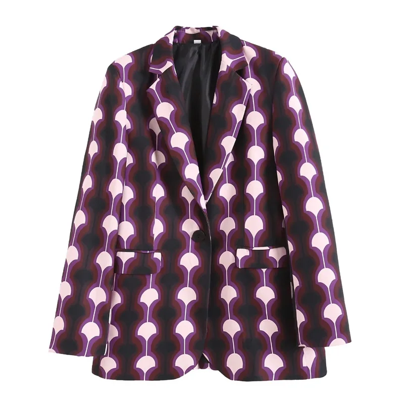 

TRAF 2021 Patch Pockets Single-Breasted Fashion Casual Printing Blazer Coat Retro Long Sleeve Female Outerwear Streetwear