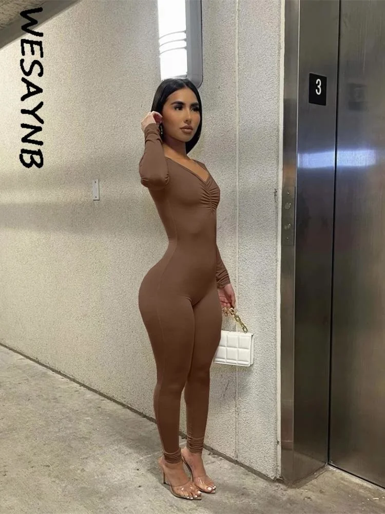 

Wholesale Streetwear Clothes Long Sleeve Jumpsuit Women 2022 Black Coffee Club One-pieces Outfits Bodycon Jumpsuits