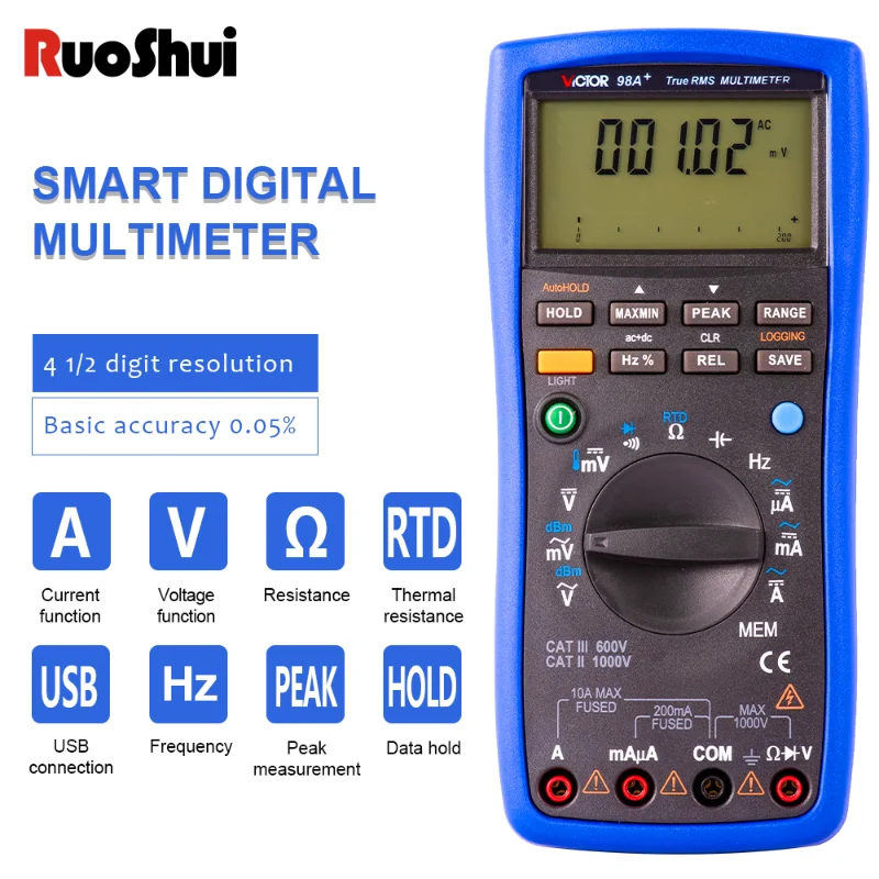 

Victor 98A Multimeter TRUE RMS 22000 Counts RTD PT100 Thermocouple Tester LCD Backlight Portable USB AC/DC Ammeter Ohm Voltmeter