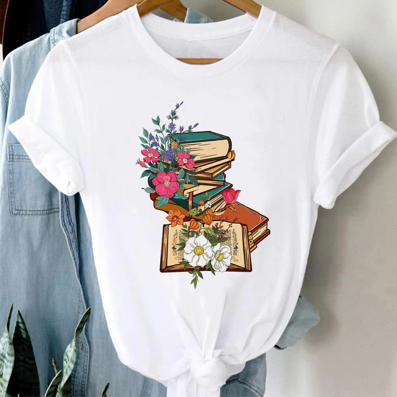 

Vintage Books Flowers Design T Shirt Women 90s Harajuku Ullzang Fashion T-shirt Graphic Cute Cartoon Tshirt Top Tees Female