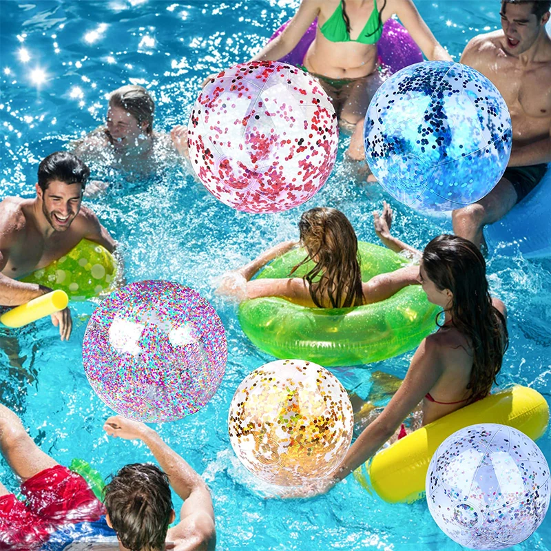 5Pcs Novelty Place Inflatable Clear Sports Beach Balls with Rainbow Sequin Glitter Confetti 40/60cm Summer Pool Party Toy - купить по