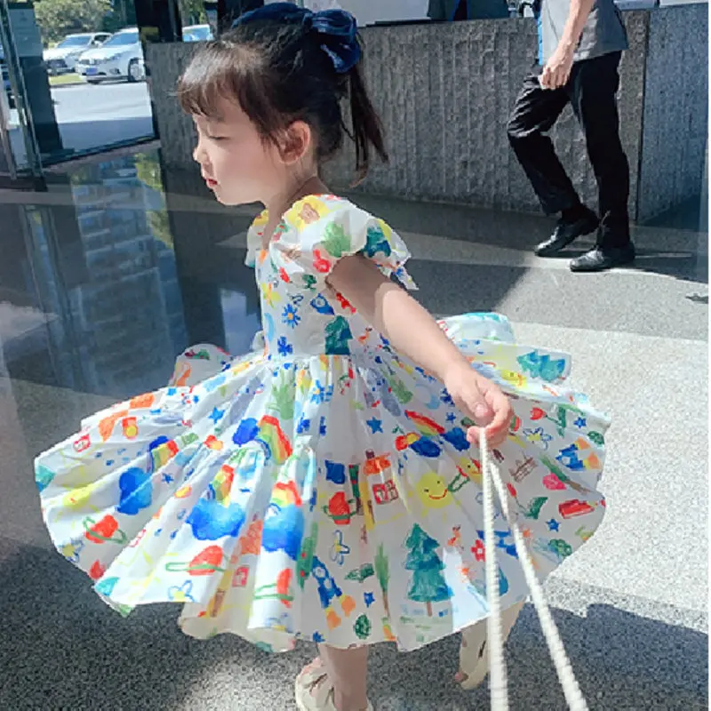 

Children Clothing 2022 Summer New Printing Colorful Sweet Puff-Sleeves Dress For Girls Cartoons Princess Dress Kids Casual Dress