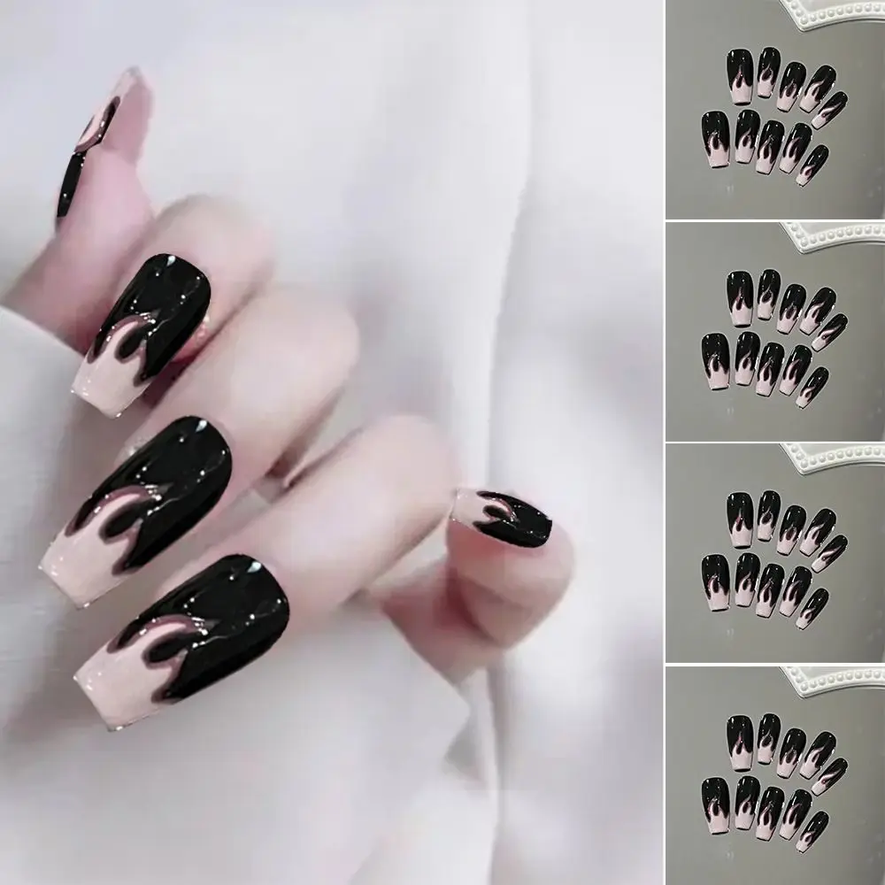 

10pcs Nail Tips Detachable Full Cover Pink Black False Nails Flame Shape Long Ballerina French