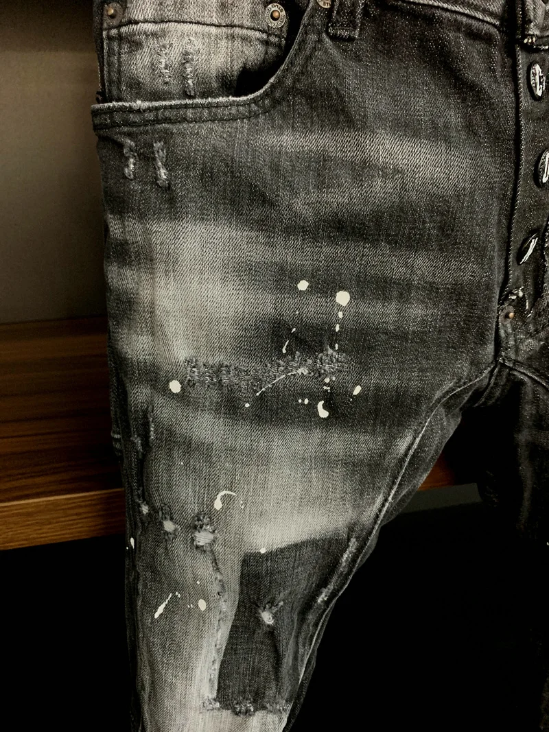 New Men's Dsquared2 Buttons Jeans Ripped For Male Skinny  Pants Men's Denim Trousers Top Quality Slim Jeans A397