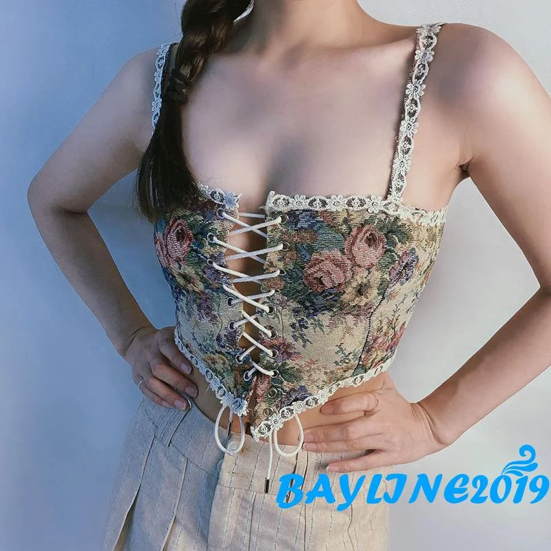 

BAY-Women Summer Retro Corset, Flower Print Spaghetti Strap Low-Cut Sleeveless Bandage Crop Tops for Girls
