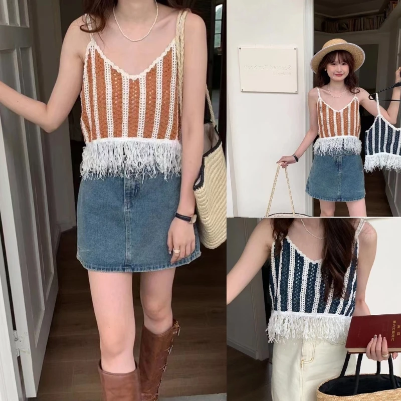 

Womens V-Neck Crop Cami Top Knit Sleeveless Vest Embroidery Crochet Sling Vest Y2K Tops