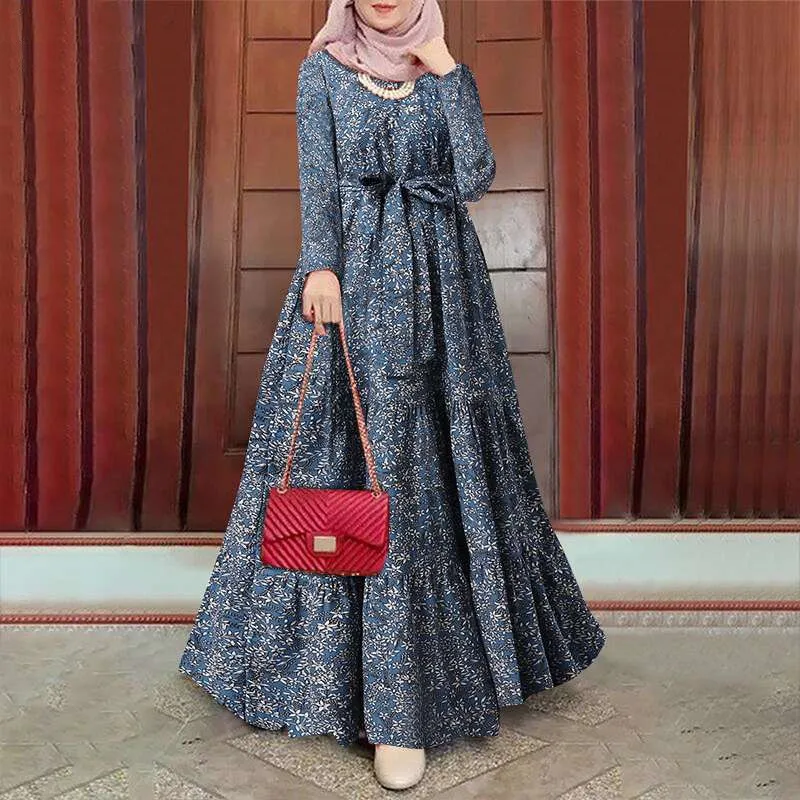 Spring Floral printed Women Dress Long Sleeve O-Neck Islamic Clothing Button Cuffs Kaftan Turkey  Casual Sundress  عباءات