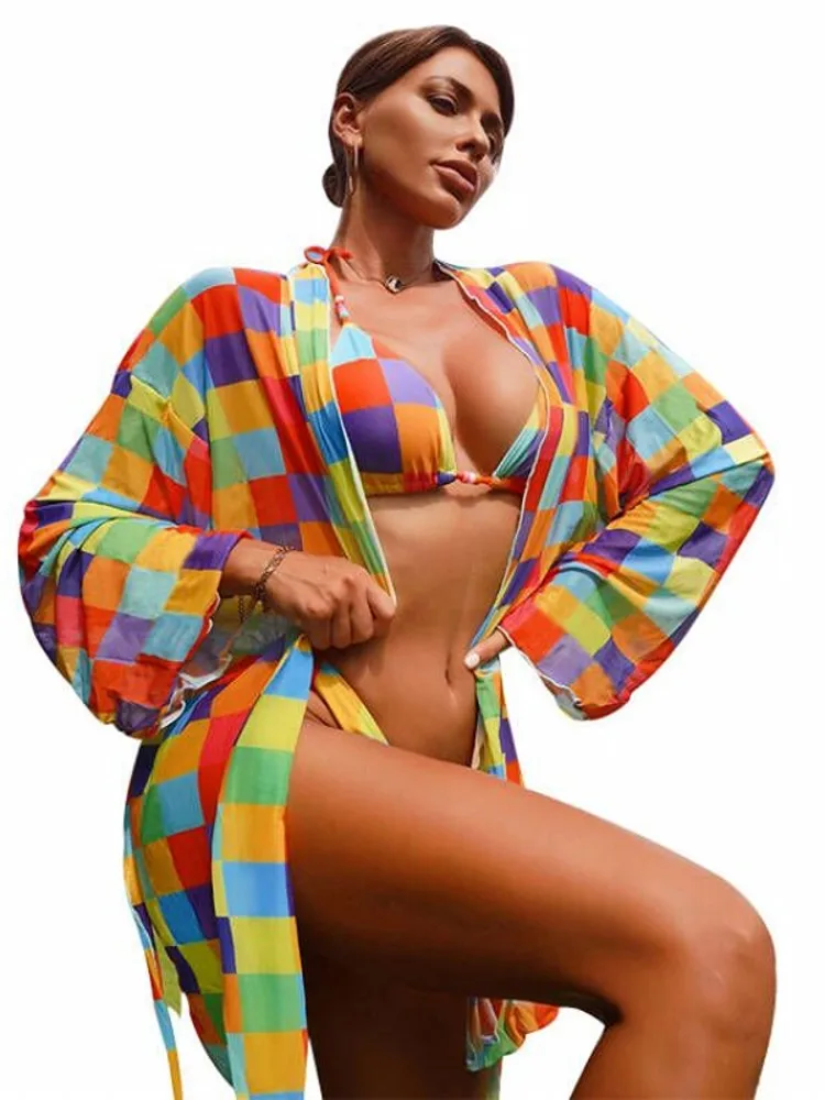 

Bikini Cover Up Sets Women Swimsuit Bra Underwear Cardigan Cover Up Matching Set Summer Colorful Plaid Print Beach Outfits 2022