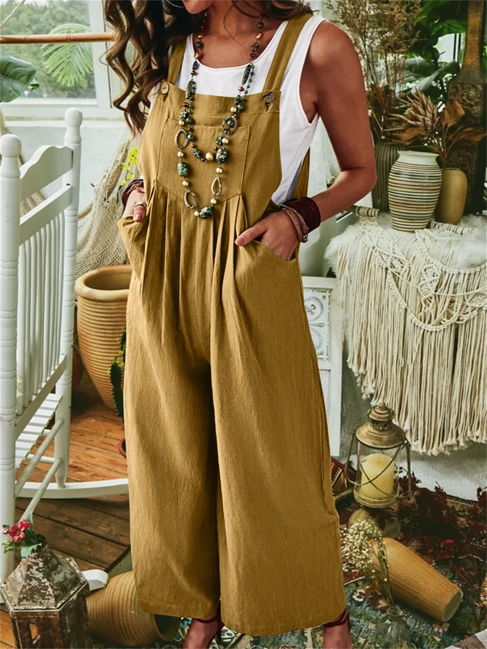 

Women Casual Bib Overall Summer Sleeveless Wide-leg Solid Loose Jumpsuit Pockets Playsuit Overalls Wide Leg Cropped Pants