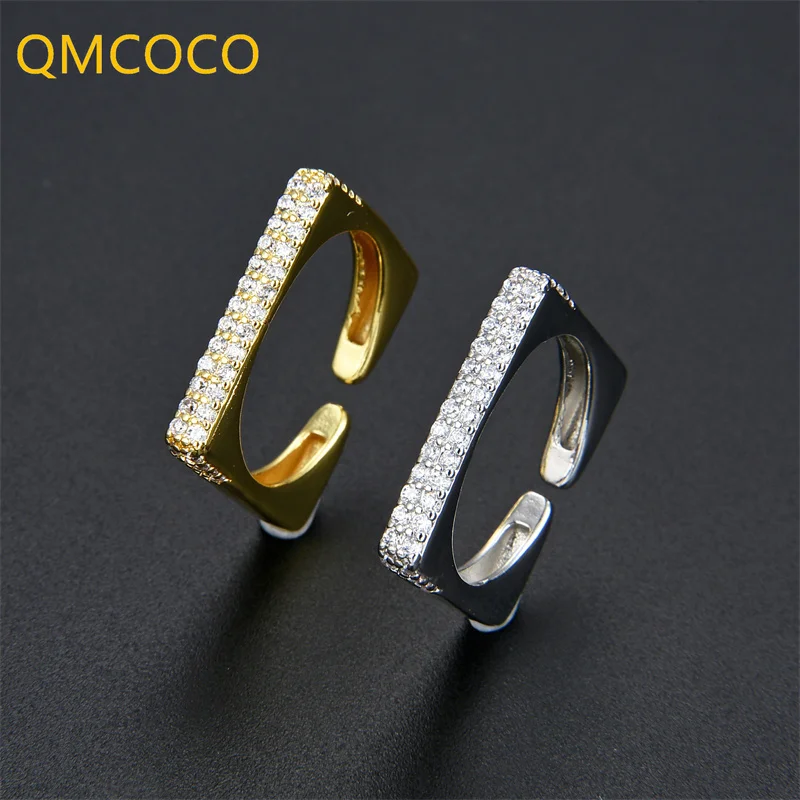 

QMCOCO маленькое квадратное простое женское кольцо из серебра 925 пробы с цирконом открытое регулируемое кольцо на указательный палец модные п...