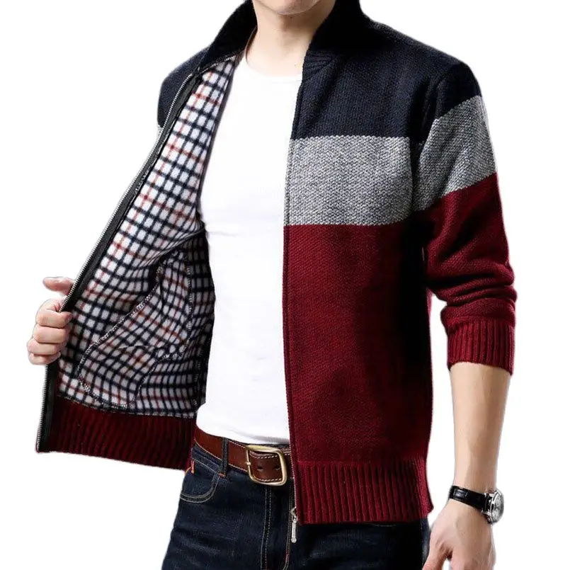 Men's Autumn Coat Winter Male Sweater Patchwork Fashion Cardigan Knitted Jacket Fleece Warm Mens Sweaters Nice Stand Collar