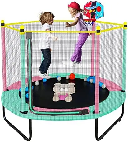

Trampoline for Kids, 5FT Indoor Outdoor Trampoline with Enclosure Net, Mini Baby Toddler Trampoline with Basketball Hoop, Recrea
