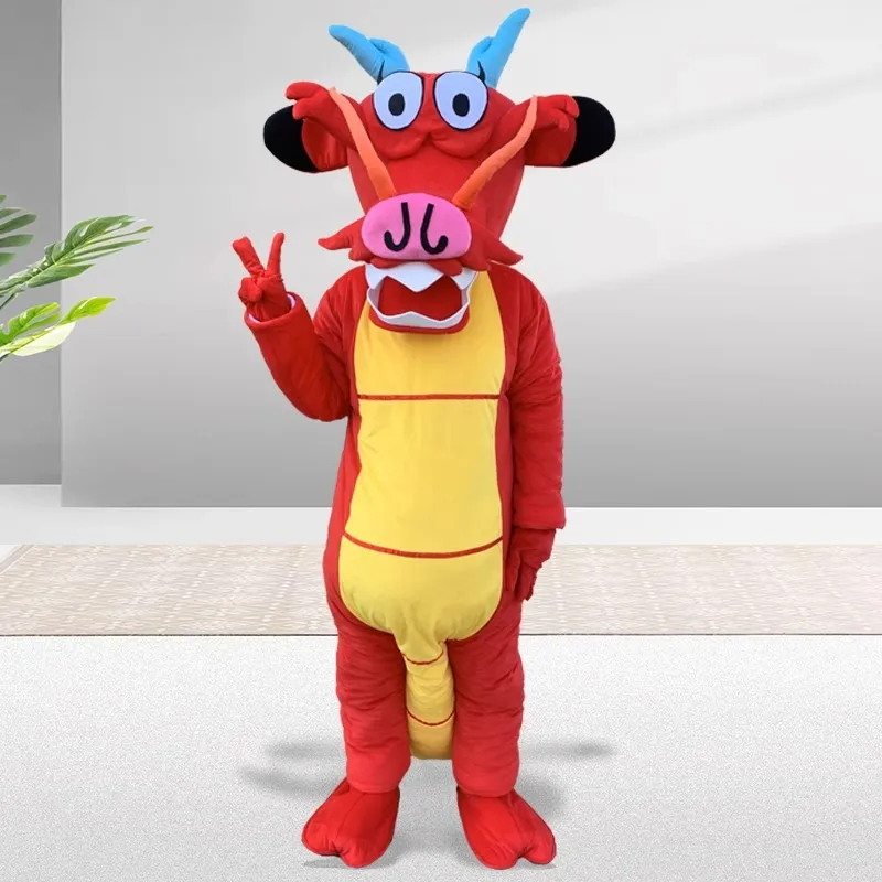 Зеленый синий красный костюм талисмана динозавра трава дракон ходьба анимация