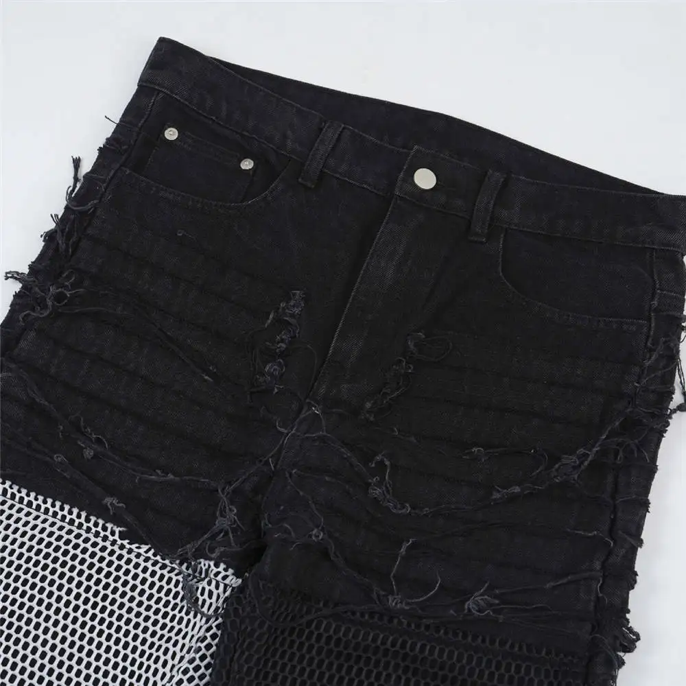 Vintage Denim Pants 2023 Men Streetwear Retro Ripped Grid Patchwork Denim Pant Jeans HipHip Casual Joggers Trousers Jeans