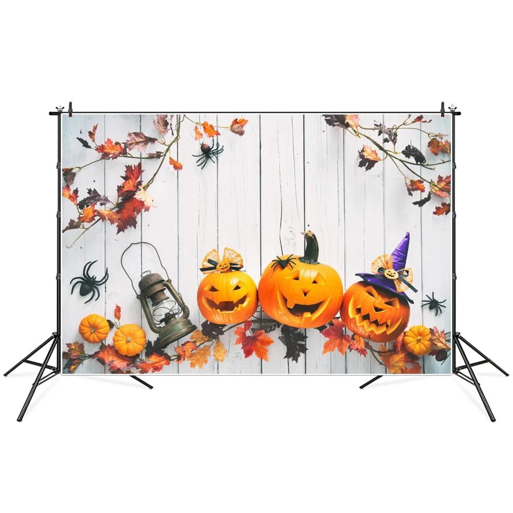 

Halloween Pumpkin Lanterns Ghost Photography Backdrops Custom Leaves Spiders Wooden Plank Party Decoration Photo Backgrounds