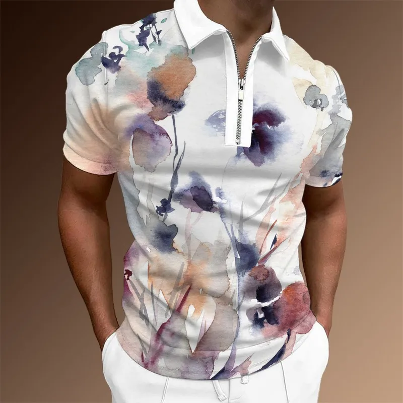 Fashion summer men's polo shirt 3D printing zipper polo shirt Harajuku Street casual short sleeve polo shirt