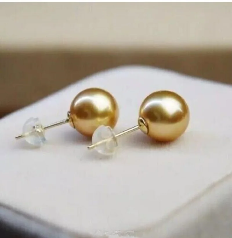 

Gorgeous AAAA++++ 9-10mm Round South Sea Golden pearl earring 18K Yellow Gold