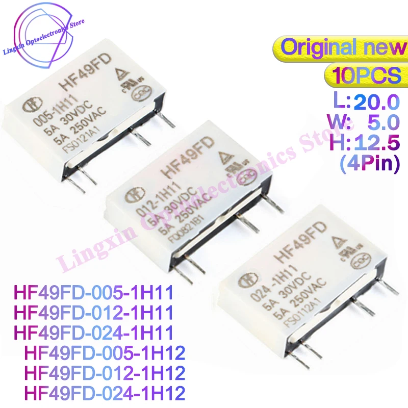 

10pcs HF49FD HF49FD-005-1H11 HF49FD-012-1H11 HF49FD-024-1H11 Relay HF49FD-005 012 024 1H11 1H12 4Pin 5A Relays DC 5V 12V 24V