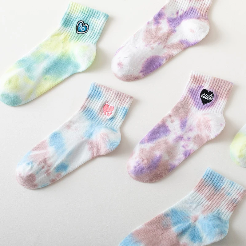 

Fashion Tie-dye Socks Korean Style Harajuku Love Heart Embroidery Socks Women Girls Holiday Gift Cotton Breathable Socks