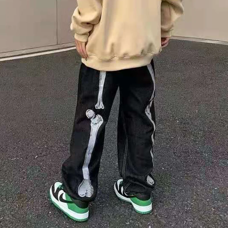 Mens Jeans Pants Vibe Style Straight Casual Oversize Denin Trousers Streetwear Retro Skull Hand Bone Embroidery Washed