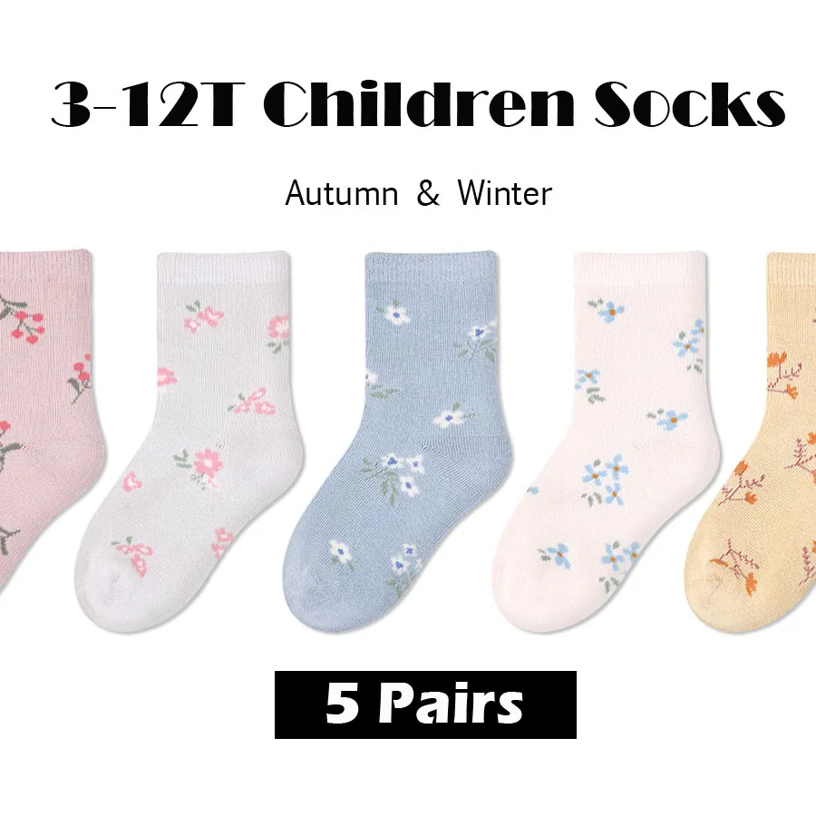 

5 Pairs Little Girls Socks Autumn Calf Cotton Socks Flowers Rabbits Pattern Baby Kids 1-12Y Children Socks Newest Leisure Sock