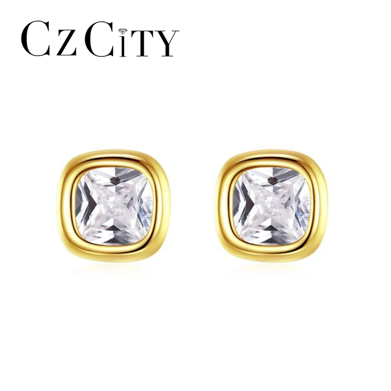 

CZCITY Elegant Sqaure CZ Stud Earrings Silver 925 Sterling Bezel Setting Cubic Zirconia Women Small Earings Studs Fine Jewelry