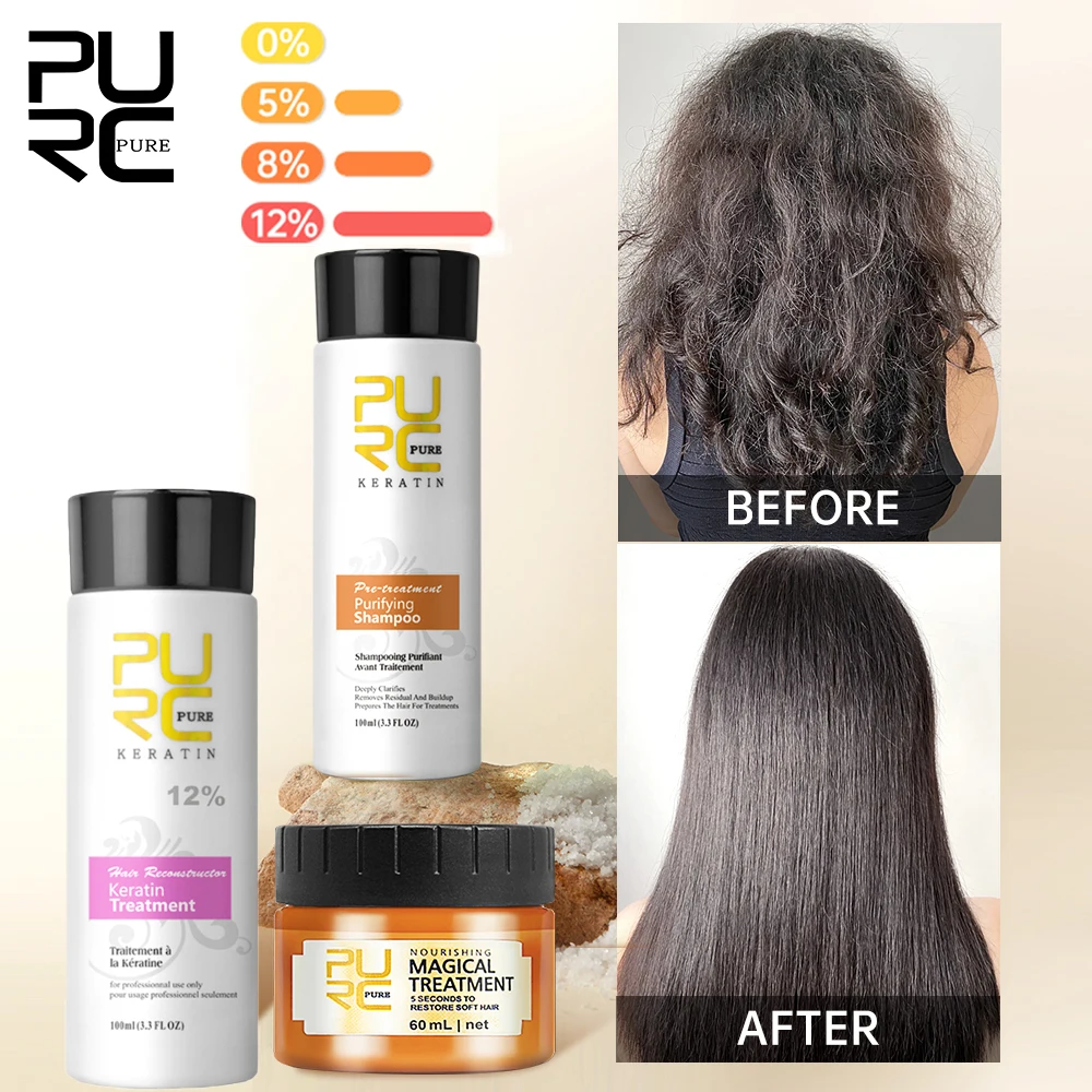 

Бразильская сглаживающая кератиновая маска для волос PURC, набор для выпрямления и волшебного ухода за волосами для женщин, бесплатный подарок