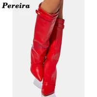 pereira long red boots solid slip on wedges high heel boots pointed toe knee high orange shark boots winter big size women shoes