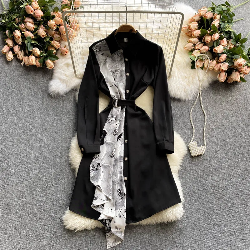 

FTLZZ Spring Autumn Women Elegant Notched Collar Long Sleeve Dress Office Lady Patchwork Dress with Belt