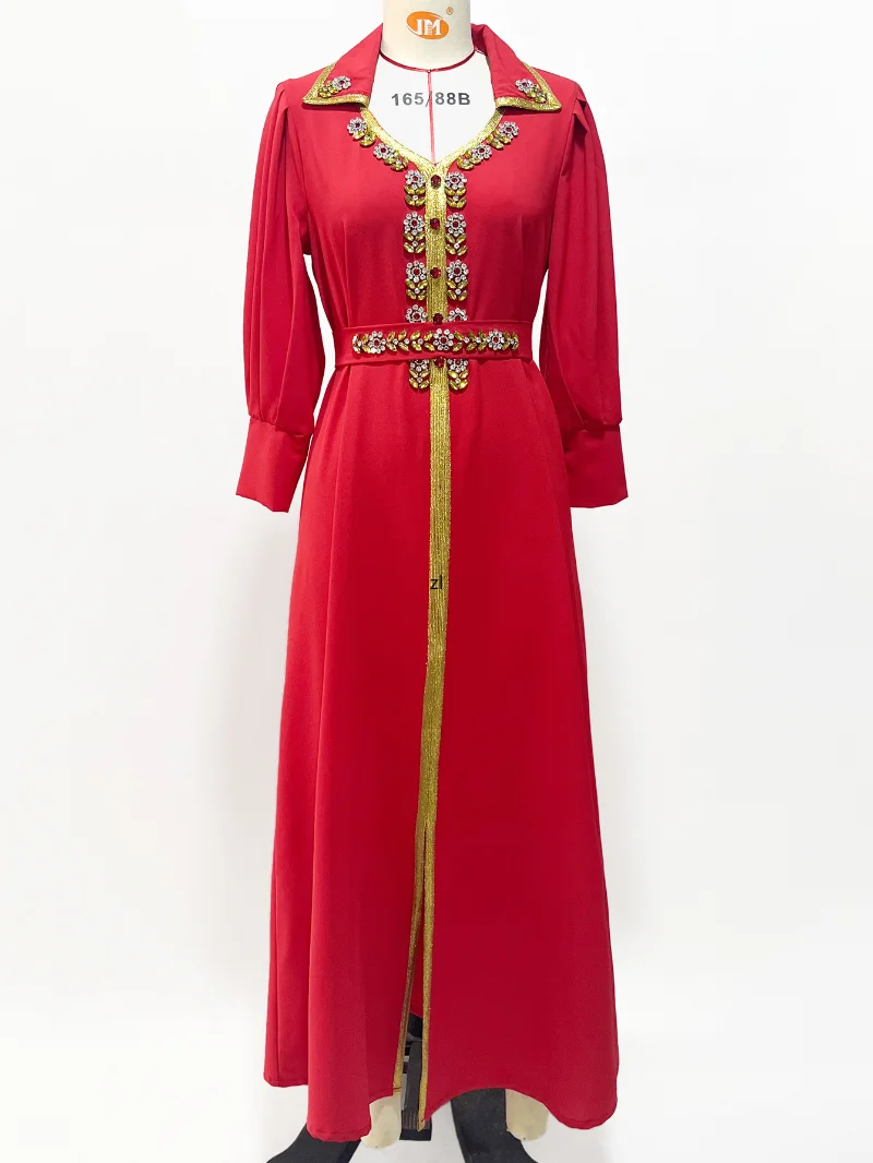 Ramadan Eid Party Dress Women 2023 Abaya Lapel Moroccan Dresses Kaftan Dubai Luxurious Beads Long Sleeve Islam Turkey Abayas