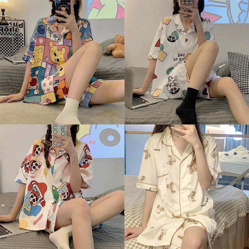 

Пижама в мультяшном стиле с изображением случайных листьев, милая Свободная Повседневная Пижама-кардиган с изображением Ins и сердец для девушек, комплект пижам с короткими рукавами, праздничные подарки