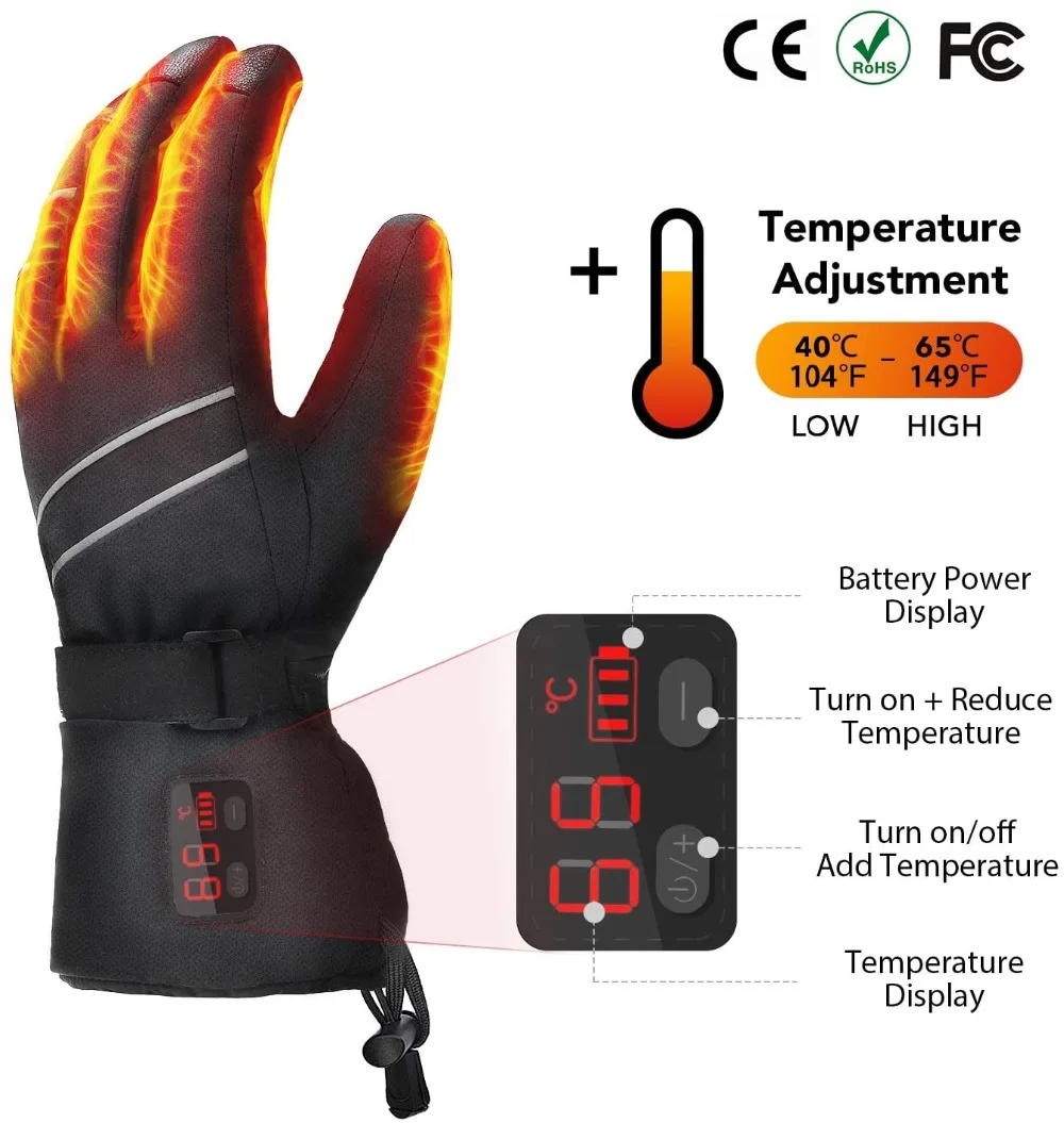 2200mAh Rechargeable Heated Gloves Winter Thermal Mittens Hand Warmer Waterproof Windproof Gloves for Camping Hiking Skiing