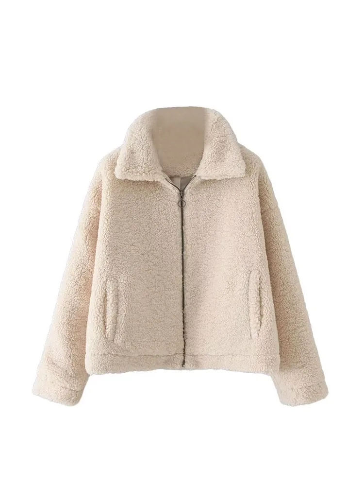

Women 2022 Winter New Fashion lambswool pocket Coat Vintage Long Sleeve zipper Female Outerwear Chic Overshirt