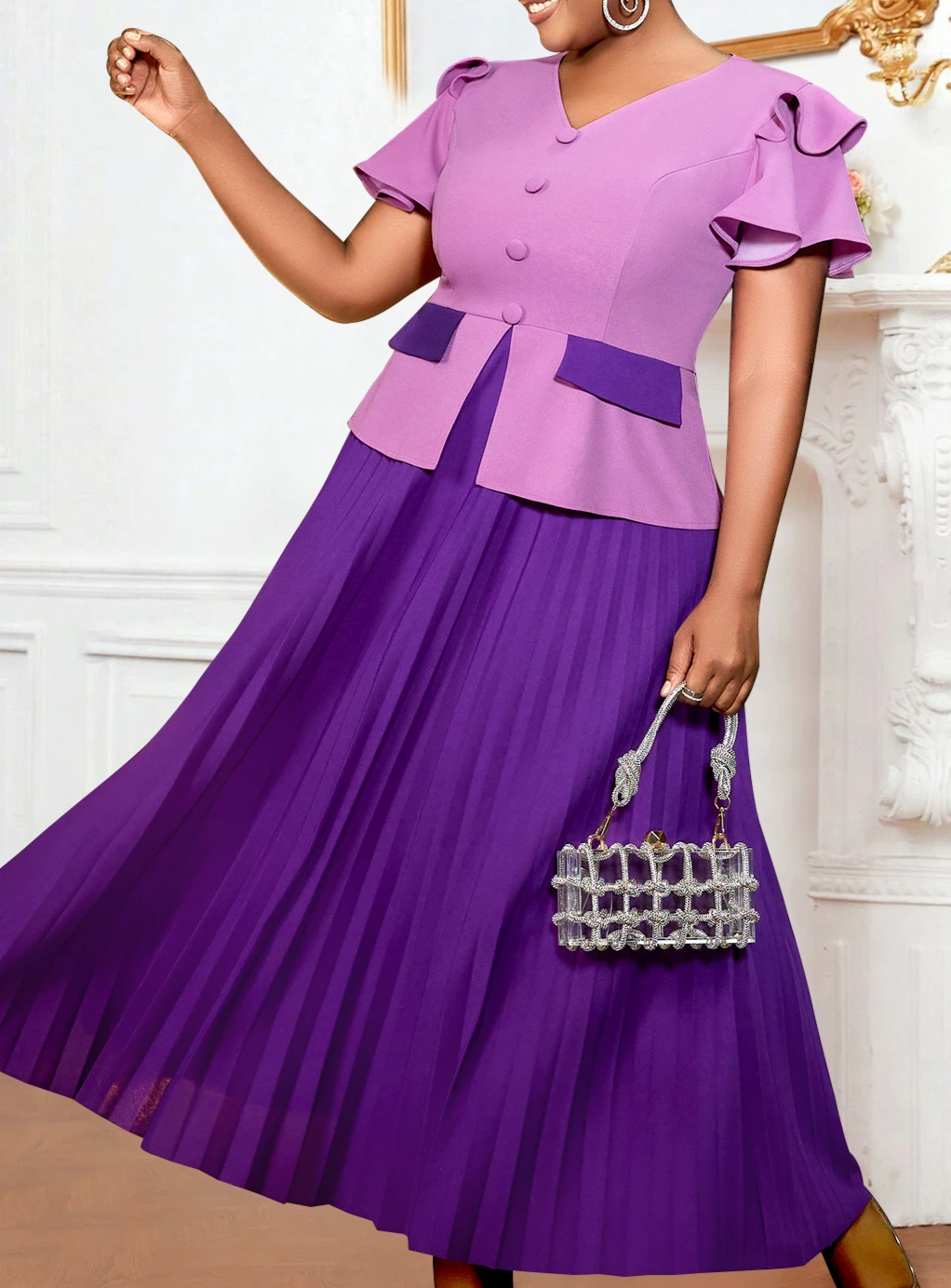 Элегантные длинные плиссированные платья с V-образным вырезом и цветными блоками