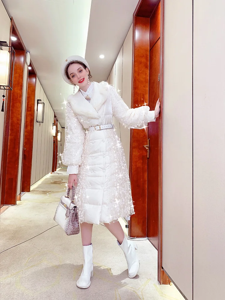 New 2023 Autumn Winter High-End Cotton-Padded Coat Women's Mid-Length Thickened Girl's Lace Jacket Warm Elegant Long Sleeve Coat