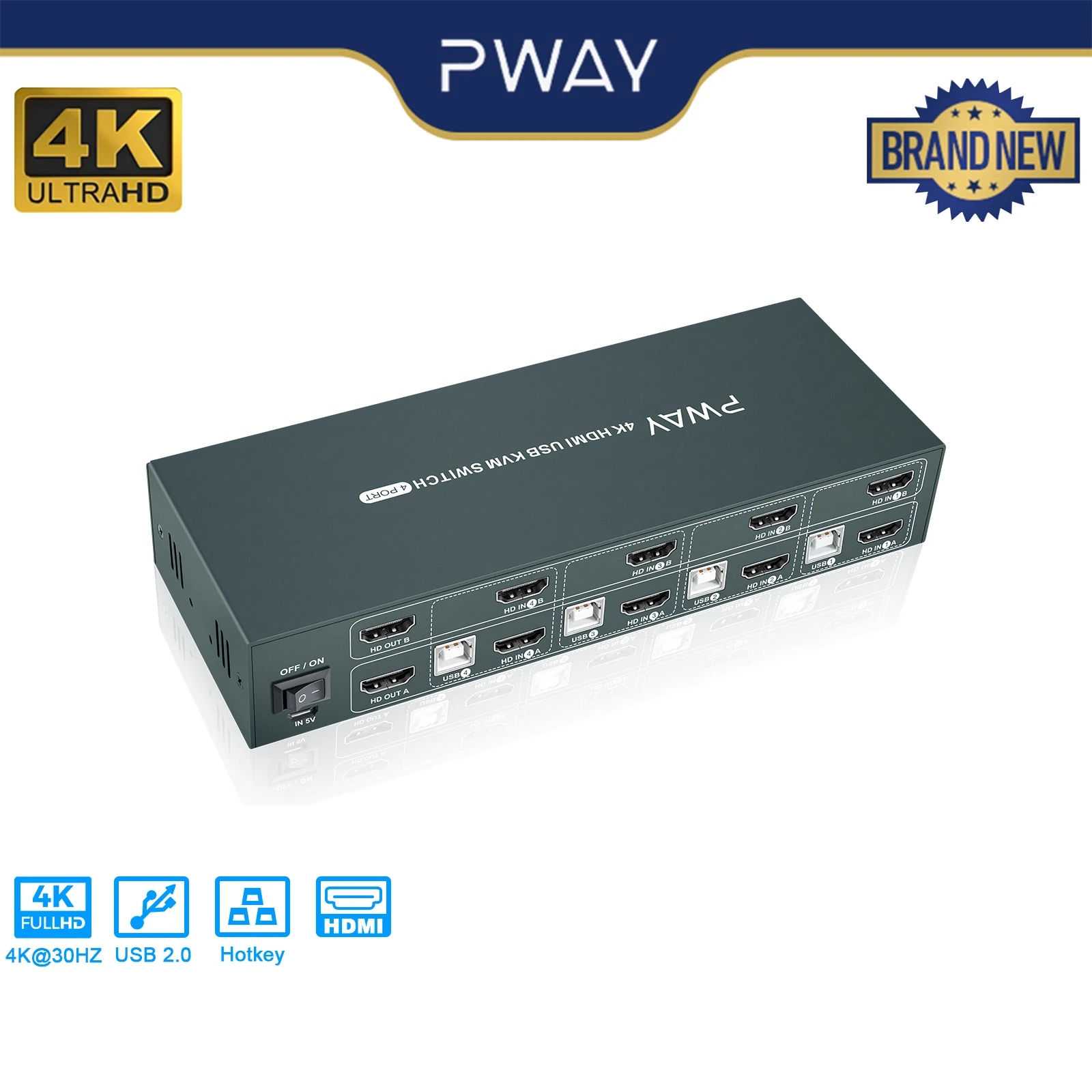 PWAY KVM Switch HDMI 4 In 2 Out Support Resolution 4K@30Hz Four USB2.0 Keyboard And Mouse Printer Switch For PC Laptop