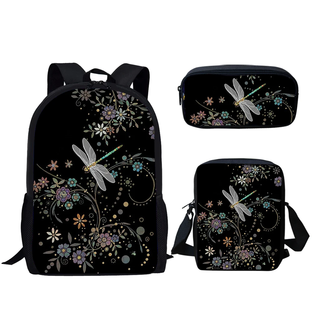 Belidome 3Set School Bags for Teen Boys Girls Dragonfly Floral Print Casual Lightweight Backpack for Students Back to School