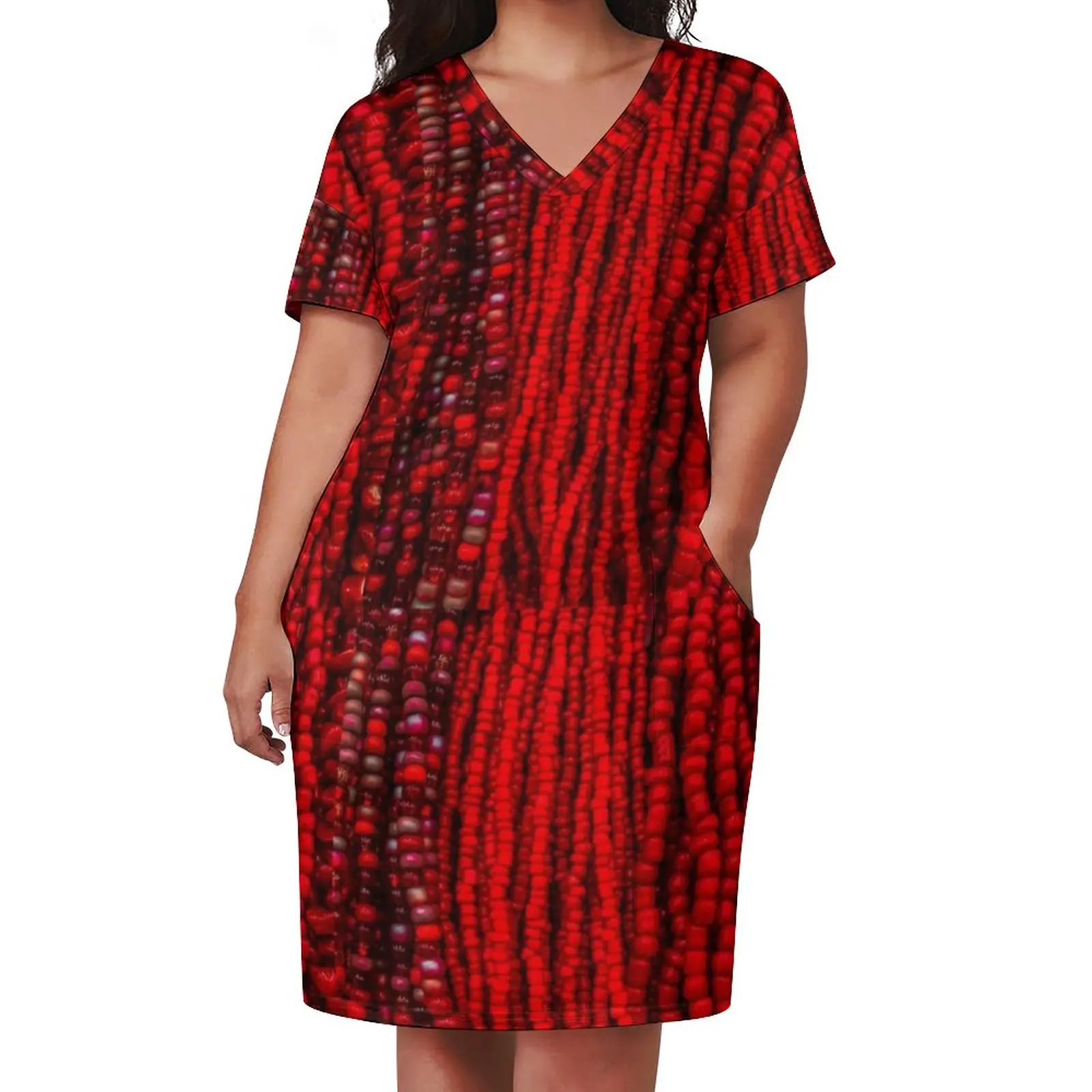 Red Beads Print Dress Plus Size Modern Art Korean Fashion Casual Dress Women Holiday V Neck Vintage Dresses Gift