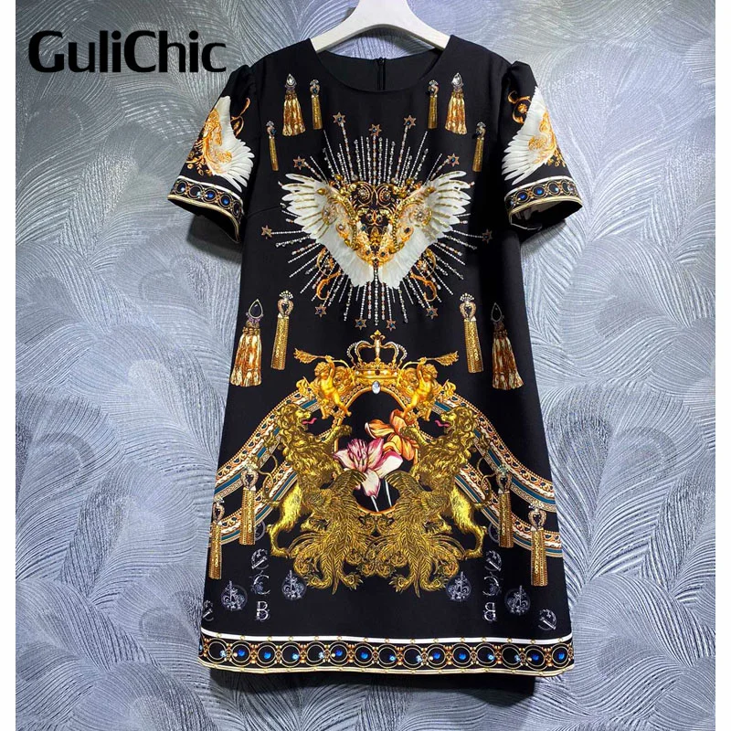 

Женское модельное мини-платье GuliChic, винтажное дизайнерское платье высокого качества с коротким рукавом и великолепным принтом, расшитым бисером и кристаллами, 6,24