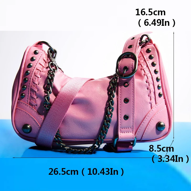 brand rock chain shoulder crossbody bag for women rivet leather underarm bags ladies locomotive style punk handbags purses 2022 free global shipping