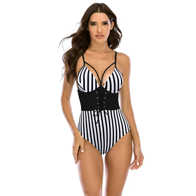 Новый Цельный купальник на бретельках женские комплекты бикини с V-образным